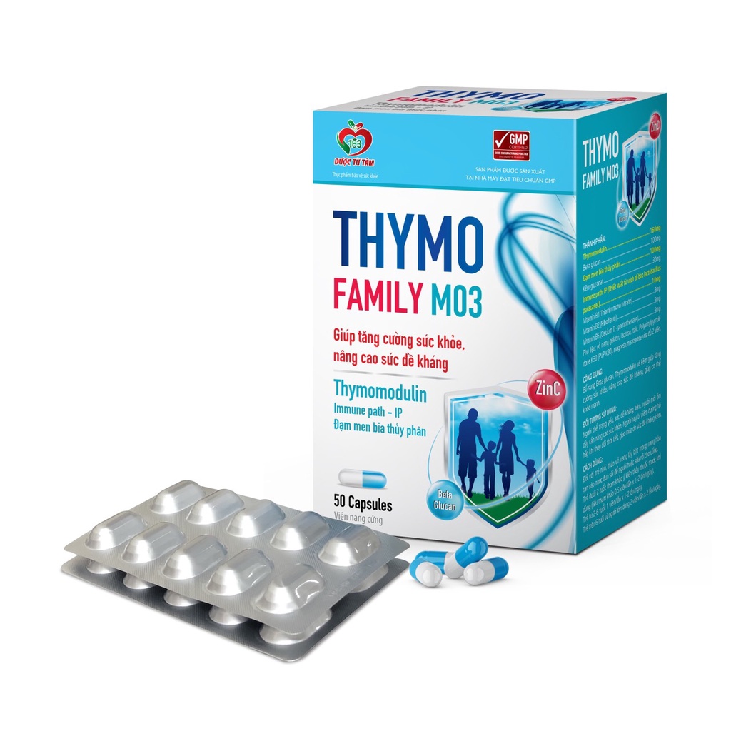 Thymo Family M03 bổ sung Beta glucan Thymomodulin và kẽm giúp tăng cường sức khỏe nâng cao sức đề kháng Hộp 50 viên nang