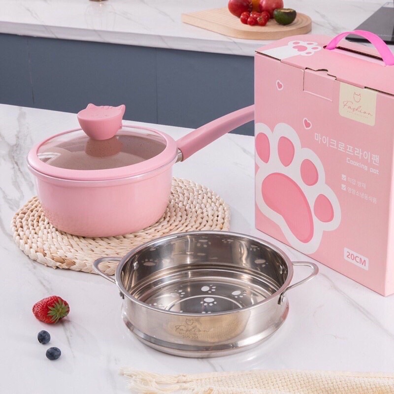 Bộ nồi xửng chống dính cao cấp Fashion Baby Cat, size 20cm cho bé ăn dặm kèm quà tặng