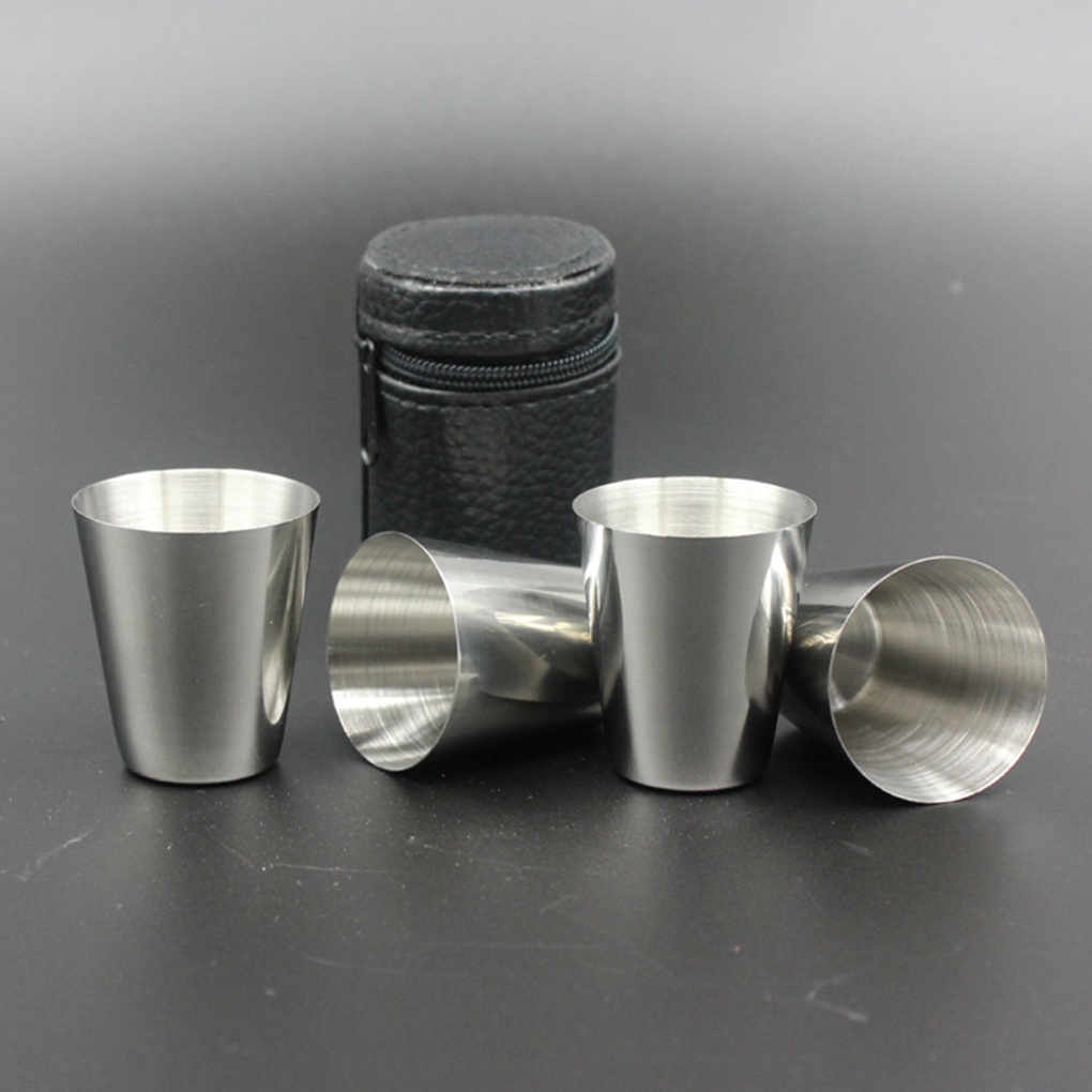 4PCS/Set 30ML Mini Stainless Steel Shot Glass Cup Wine Drinking Glasses PU Leather Cover Bag Home Kitchen Bar ELEN