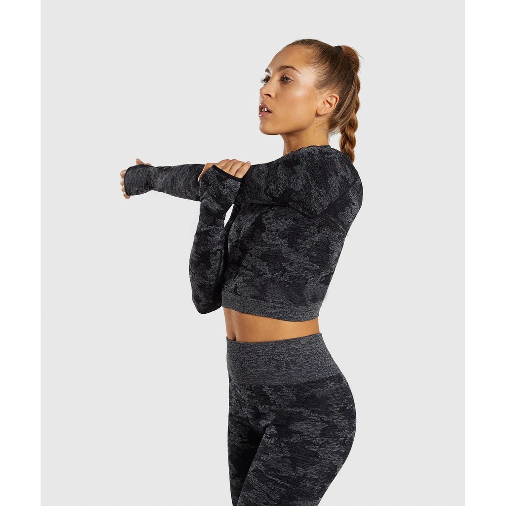 Áo croptop thể dục thể thao HOPPE FUMENG tay dài họa tiết rằn ri thời trang cho nữ