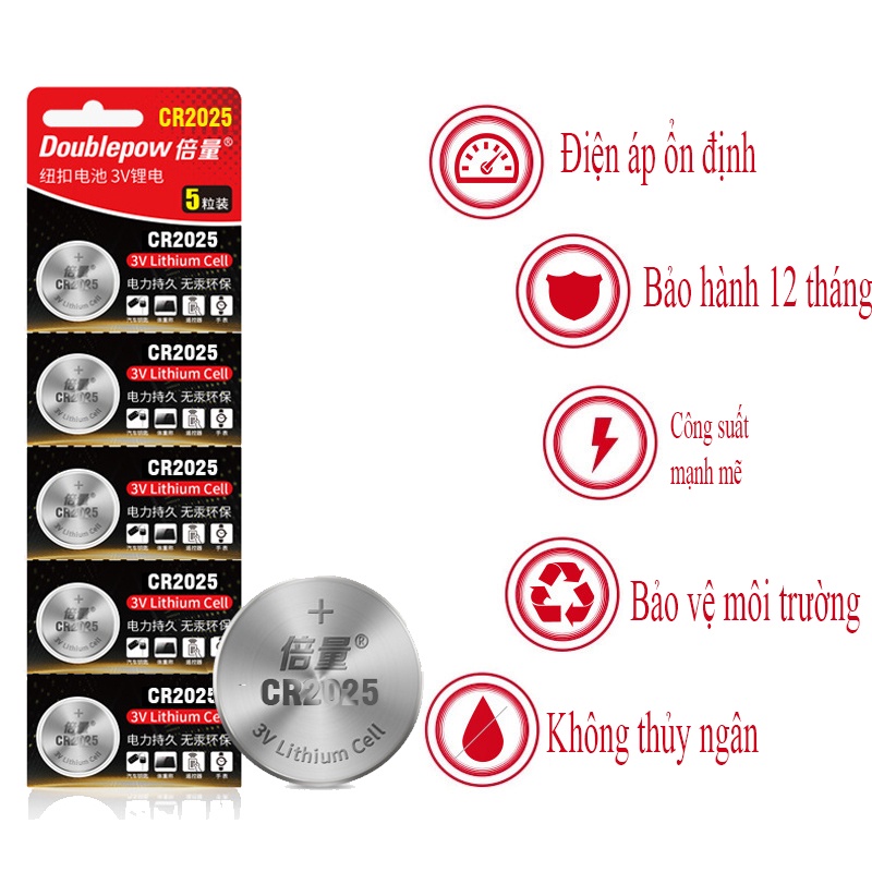 [Vỉ 5 viên] Pin nút CR2025 (màu đỏ) Doublepow công suất cao chuyên dành cho chìa khóa ô tô, thiết bị y tế