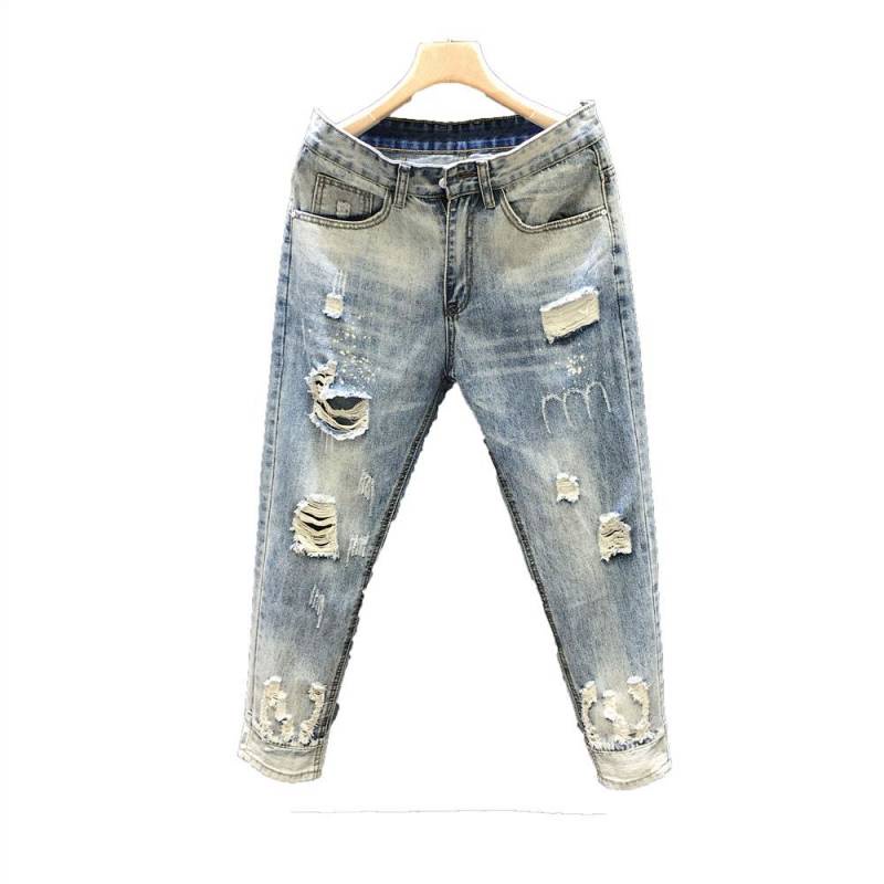2022 New Men's Ripped Jeans Cropped Pants Men's Slim Fit Trendy Youth Handsome Tappered Pants Men's Clothing Fashion Menswear UzRq