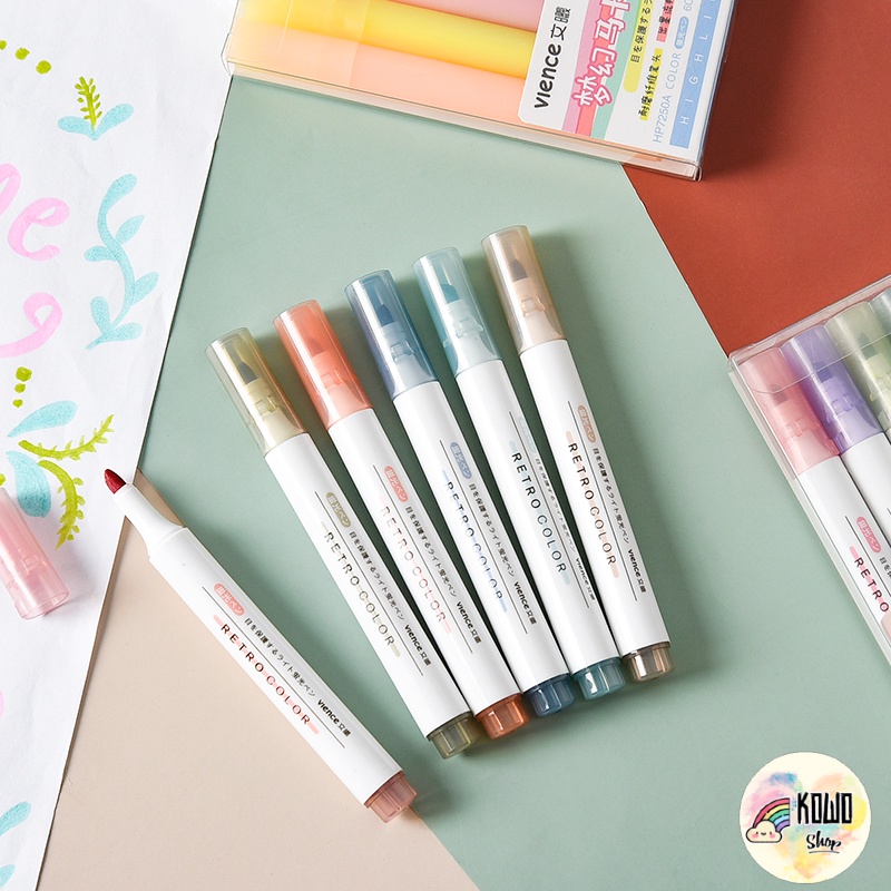 Bộ Bút Highlight Dạ Quang Marker 6 Màu Ghi Chú Xinh Xắn VIENCE DQ3