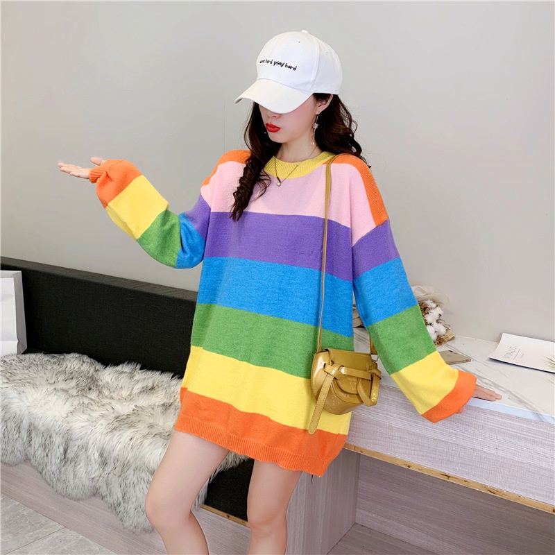 Đầm Len Midi Dài Tay Họa Tiết Cầu Vồng Thời Trang Dành Cho Nữ