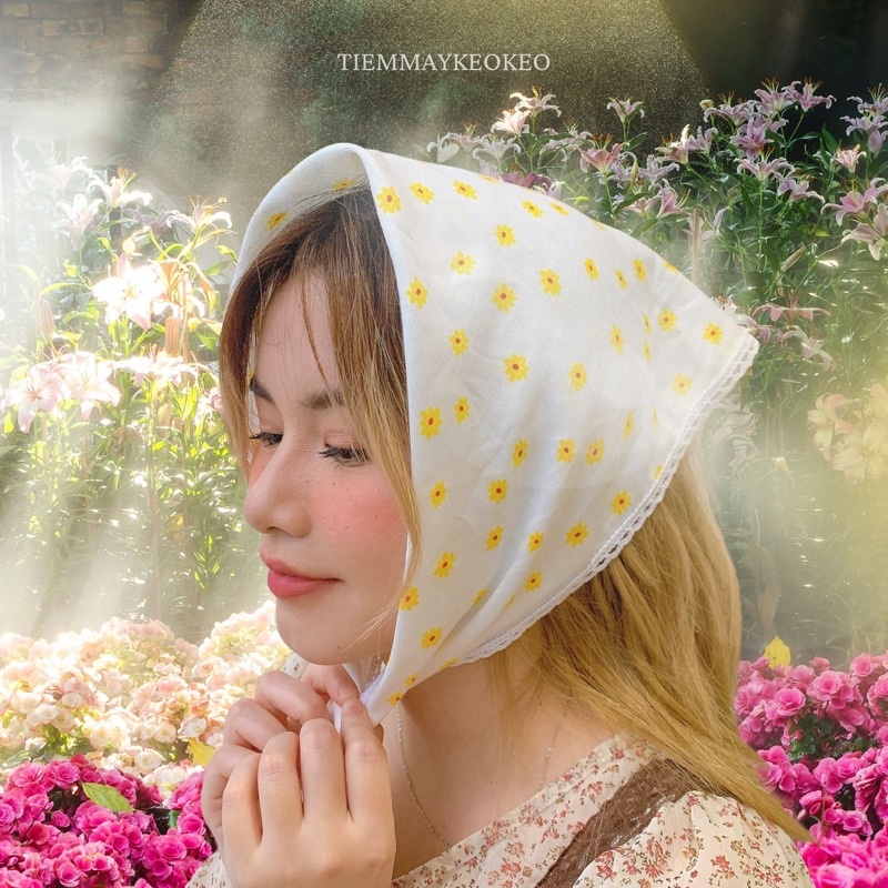 Khăn vải bandana turban phối ren cho nữ TIEMMAYKEOKEO chất liệu thô cotton hoa nhí mềm mại vintage kích thước 50x50 cm