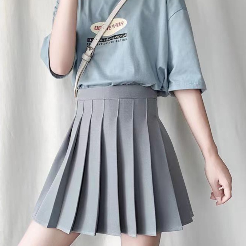 Chân Váy Chữ A Lưng Cao Xếp Ly Màu Trơn Phong Cách Preppy Cho Nữ