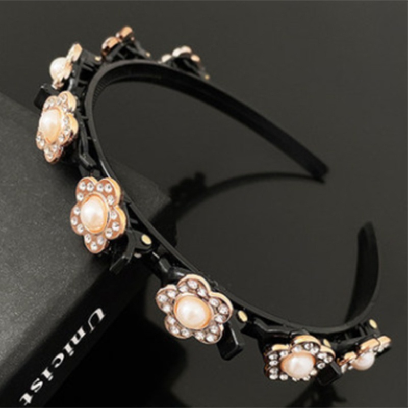 Flgo Bangs Băng Đô Xoắn Đính Đá Ngọc Trai Hai Lớp