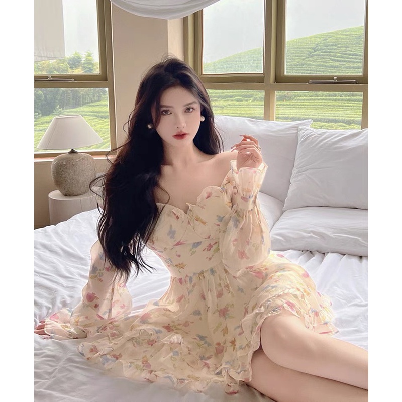 ĐẦM HOA CÚP NGỰC BÈO RỚT VAI TAY DÀI XÒE NHẸ