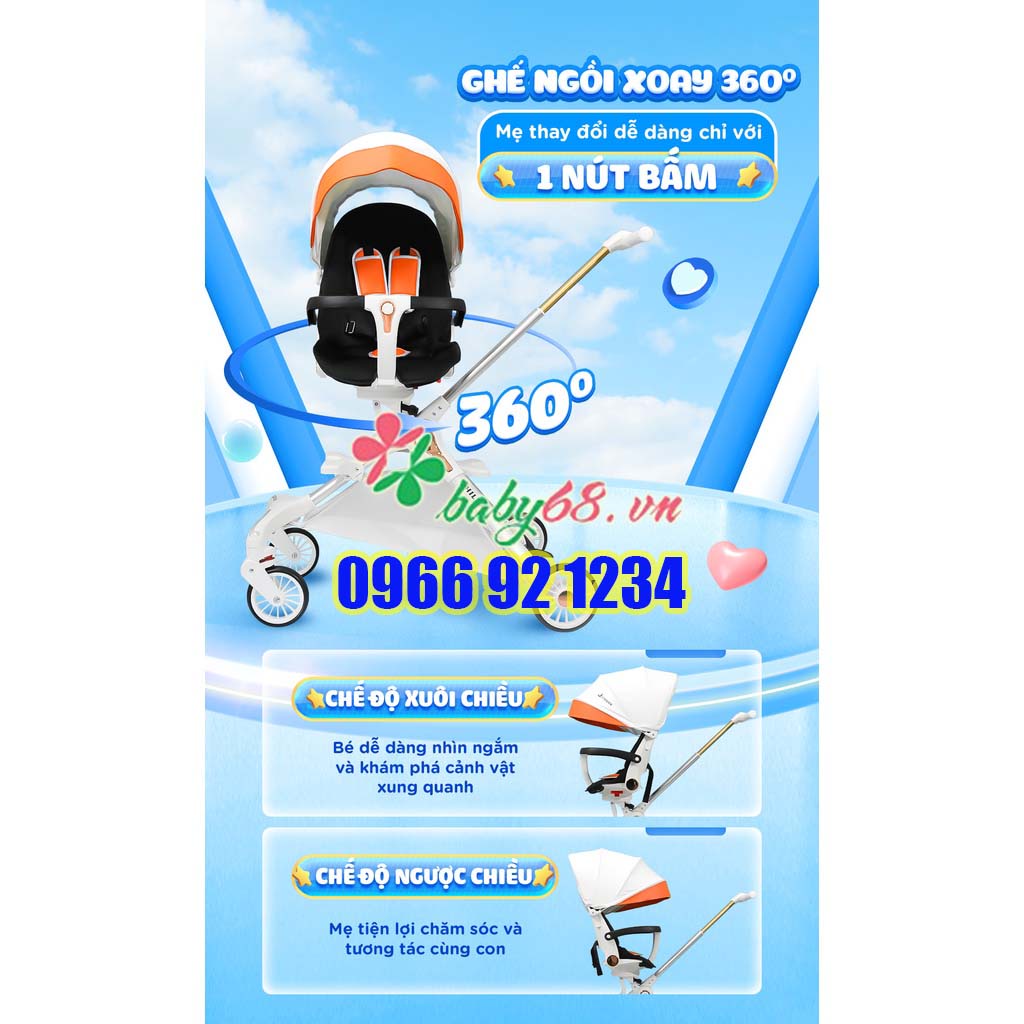 Xe đẩy gấp gọn cho em bé CHILUX M06 - Đèn xe phát sáng, chế độ giảm sốc. Xoay 360 độ