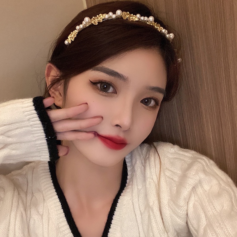 Băng Đô Họa Tiết Lá Cây Đính Ngọc Trai Phong Cách Hàn Quốc