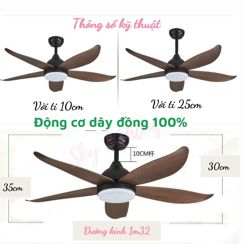 Quạt trần đèn 5 cánh vân gỗ 1m35 kèm điều khiển 6 số Bh động cơ 10 năm SKY02