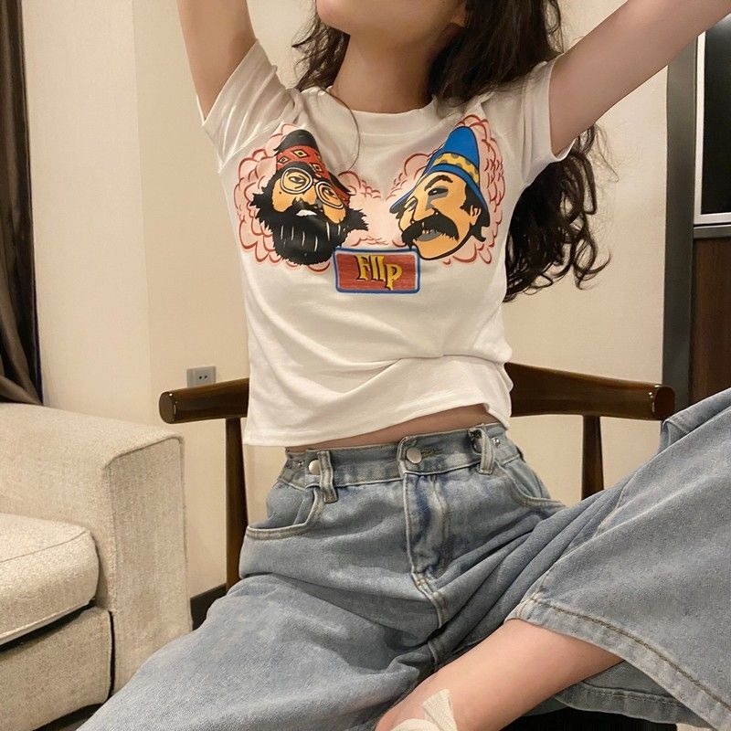 Áo Thun Lửng Ngắn Tay In Họa Tiết Dễ Thương