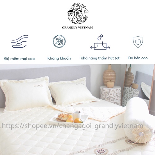 Bộ chăn ga gối (4 món) cao cấp Grandly Vietnam chính hãng vải màu chần bông 4 mùa siêu mềm mại