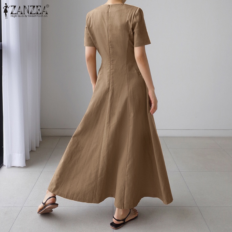 Đầm ZANZEA dáng dài ngắn tay cổ V dễ phối đồ thời trang thường ngày cho nữ