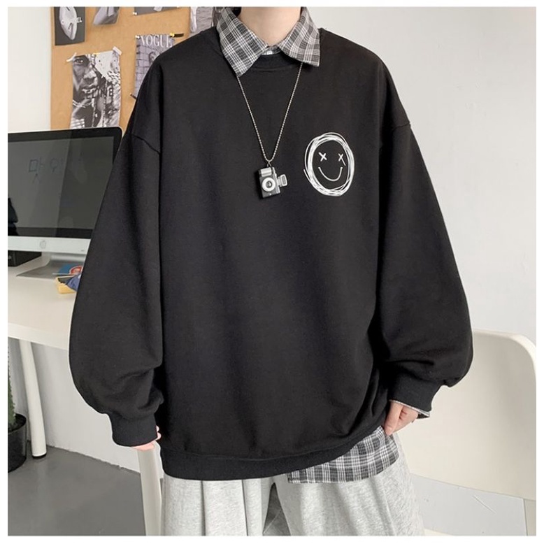 Áo sweater, Áo nỉ bông in hình icon mặt cười nhỏ 2 màu đen , xanh phom rộng phong cách Hàn Quốc | WebRaoVat - webraovat.net.vn