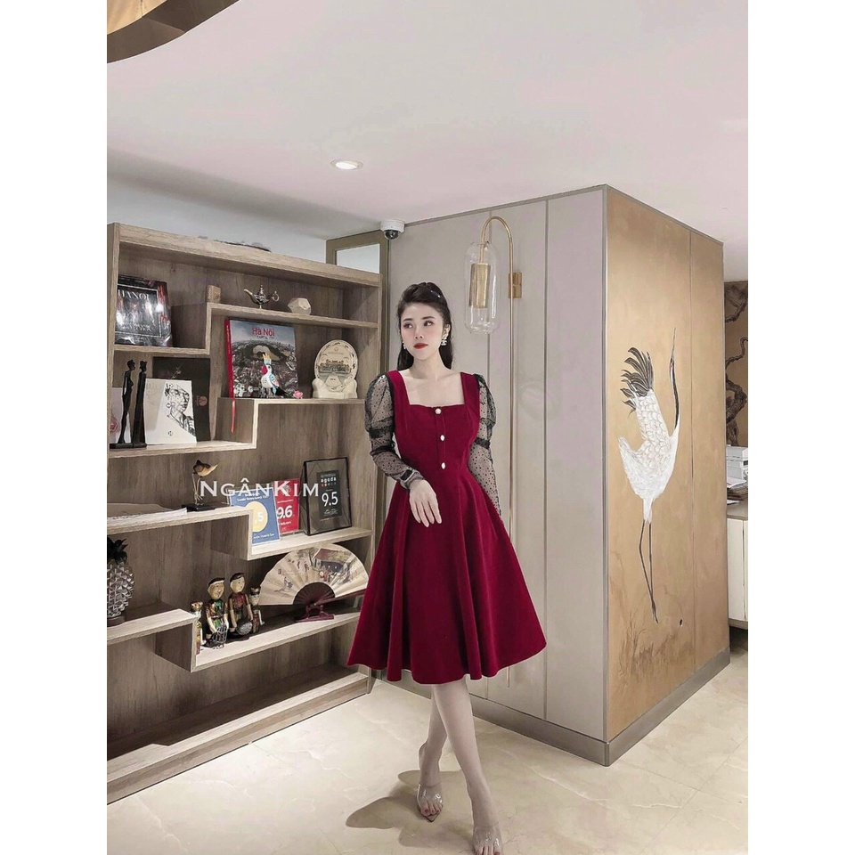 Đầm Voan Xòe Cổ Vuông Phối Tay Lưới Tiểu Thư TTSA1313