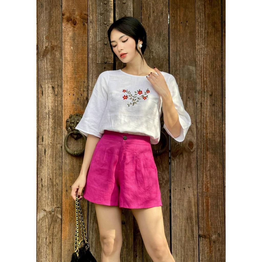 Áo Kiểu Tay Lửng ROXY Vải Linen Cao Cấp, Thêu Hoa Sang Trọng 7012