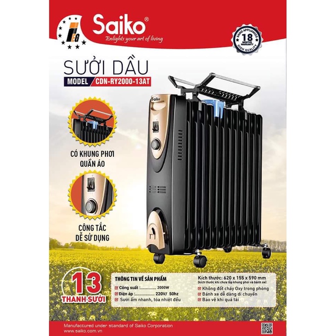 Máy Sưởi Dầu Saiko CDN-RY2000-13AT 13 Thanh, Đen, Có Khung Phơi Quần Áo