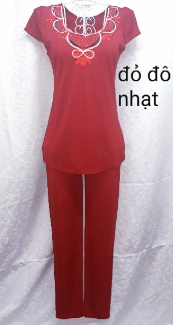 Đồ bộ trung niên mặc nhà trơn màu thêu hoa đính đá/ xẻ tà