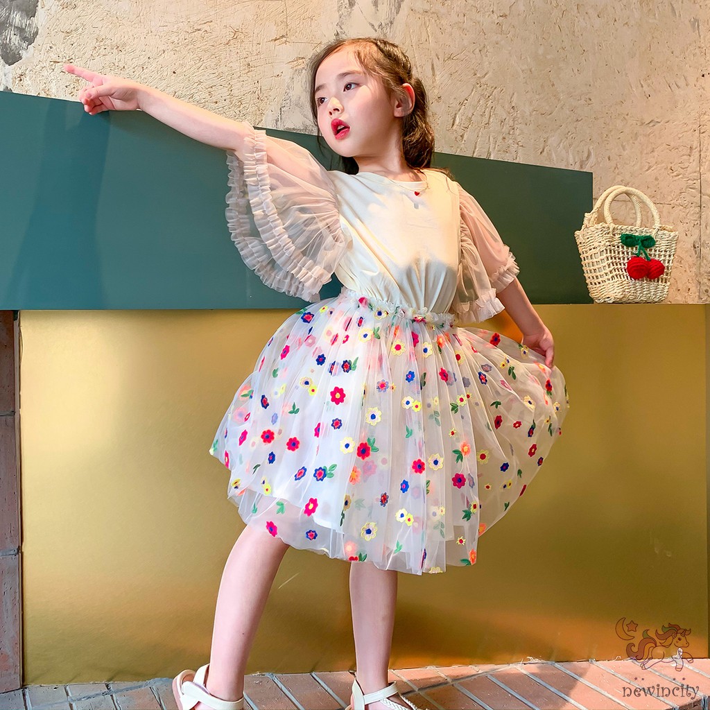 Bộ Áo Cánh Tiên Phối Ren + Chân Váy Lưới Thêu Hoa Thời Trang Dành Cho Bé Gái