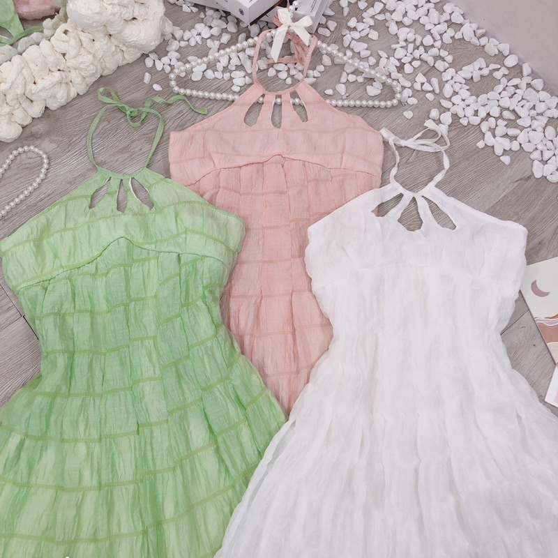 Váy cổ yếm dáng baby doll xoè chít eo 2 lớp Đầm kiểu
