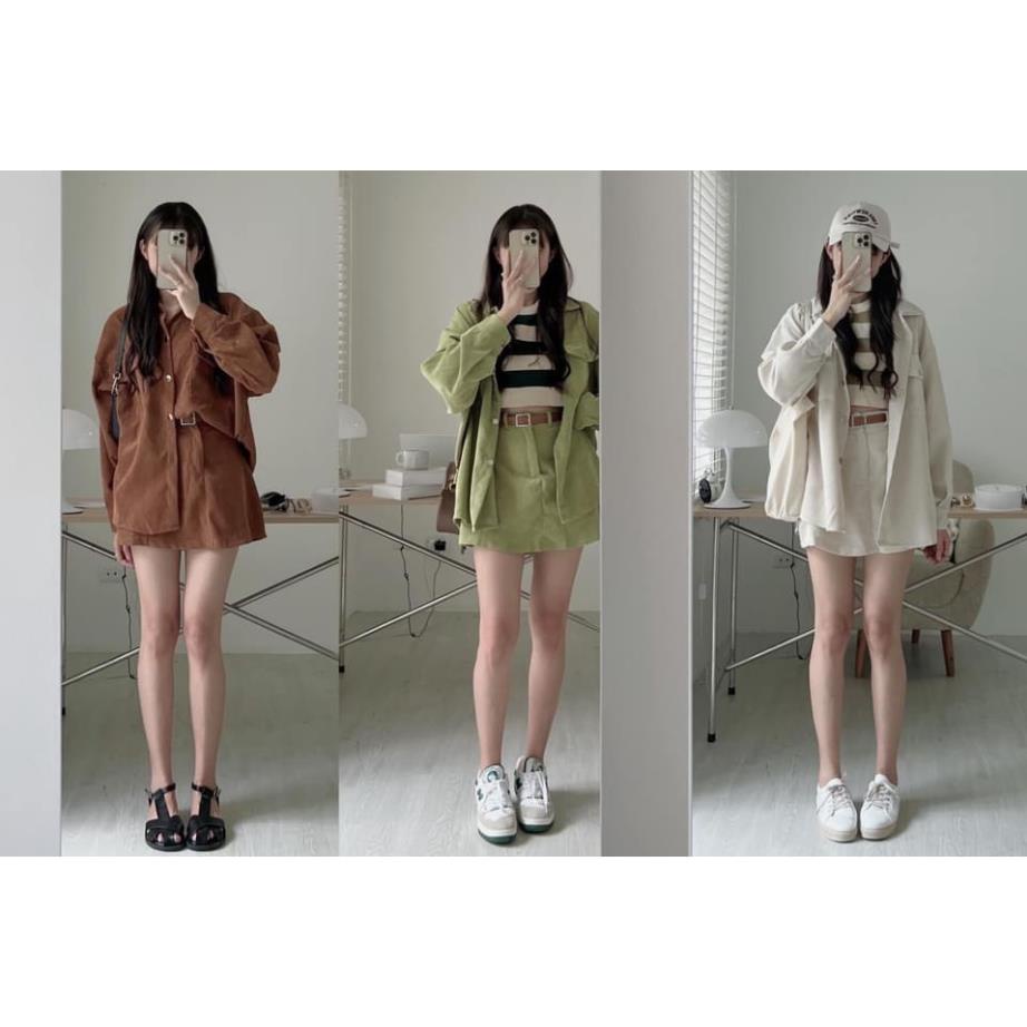 Set áo khoác sơ mi nhung tăm dài tay mix chân váy chữ A trẻ trung