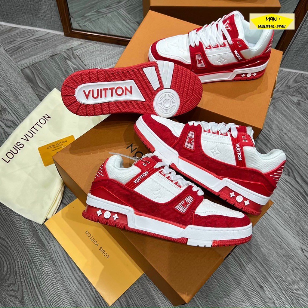 Giày Louis Vuitton LV Trainer Monogram Denim  màu đen, đỏ, xanh lá, xanh đậm. Giày LV nam nữ siêu chất hot hit 2022