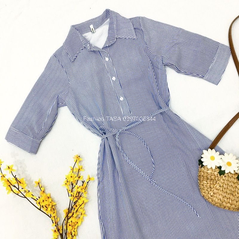 X2 Đầm công sở váy sơ mi sọc tà tròn tay dài thắt dây eo tôn dáng