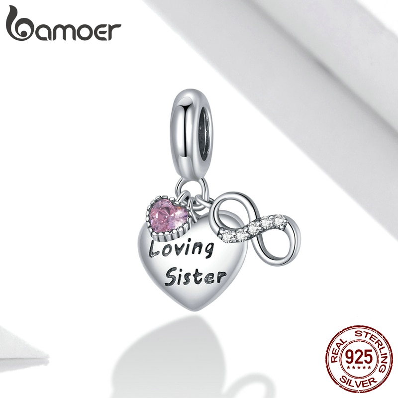 Mặt Dây Hình Trái Tim Loving Sister Màu Hồng Bamoer bạc 925 Nguyên Mẫu Gắn Vòng Tay Trang Sức BSC414