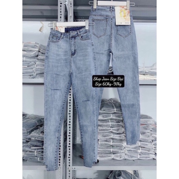 Quần Dài Jean BigSize Rách Màu Xanh Nhạt Râu Mèo - Lưng Siêu Cao - Form Ôm 60kg-96kg