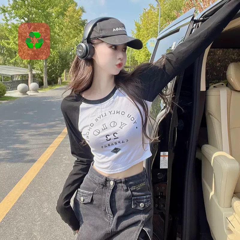 Áo kiểu croptop tay dài phối 2 màu in chữ số 23 cực hot , chất thun bozip mềm mịn
