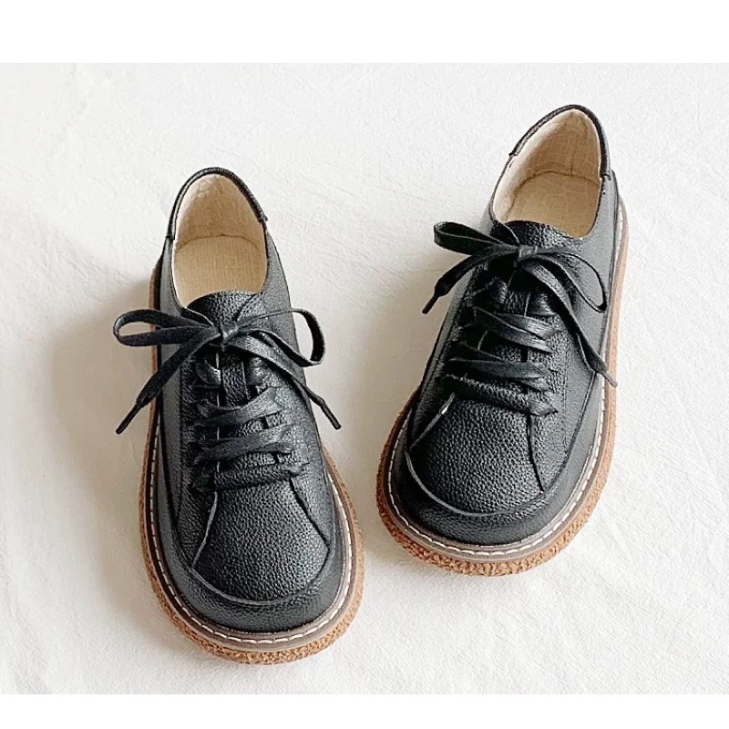 Giày Bánh Mì Nữ Da Mềm, Giày Oxford Buộc Dây Đế Bằng Xinh Xắn