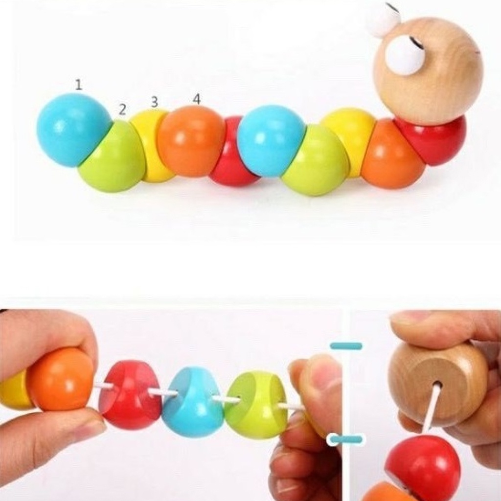 Đồ chơi gỗ sâu gỗ uốn dẻo giúp phân biệt màu sắc và phát triển tư duy Bonkids toys