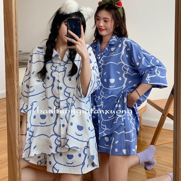 bộ ngủ mặc nhà, bộ pijama mặc nhà unisex hình gấu hai màu dễ thương