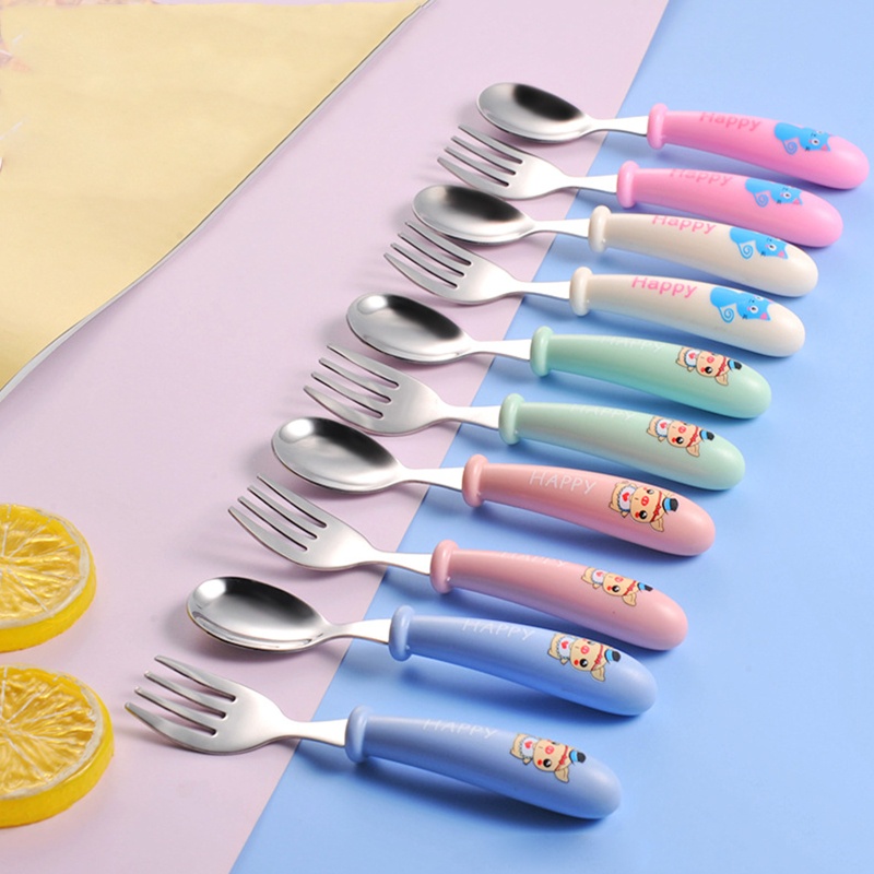 Bộ Muỗng Nĩa Bằng Thép Không Gỉ Họa Tiết Hoạt Hình Dễ Thương Cho Bé
