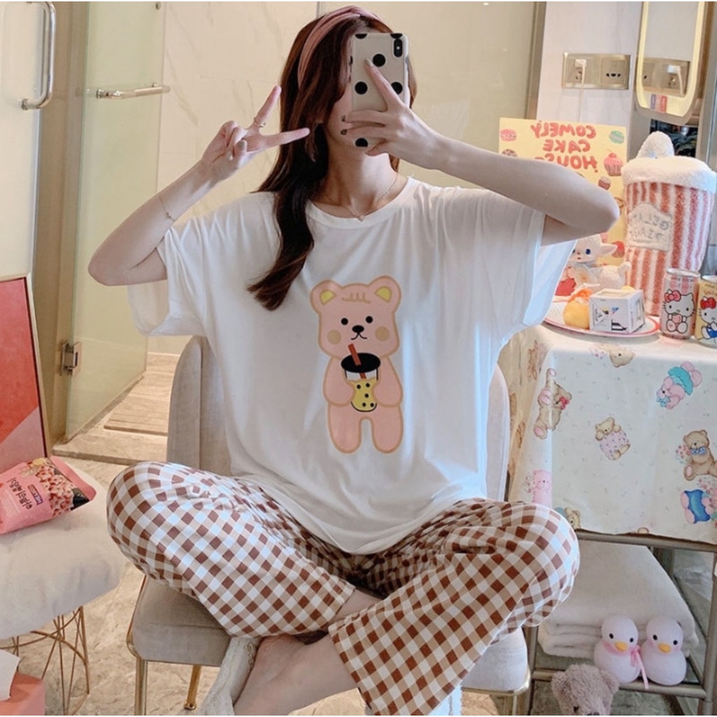Bộ ngủ tiểu thư 3 món: áo cộc tay, quần đùi, quần dài mặc nhà hình cute