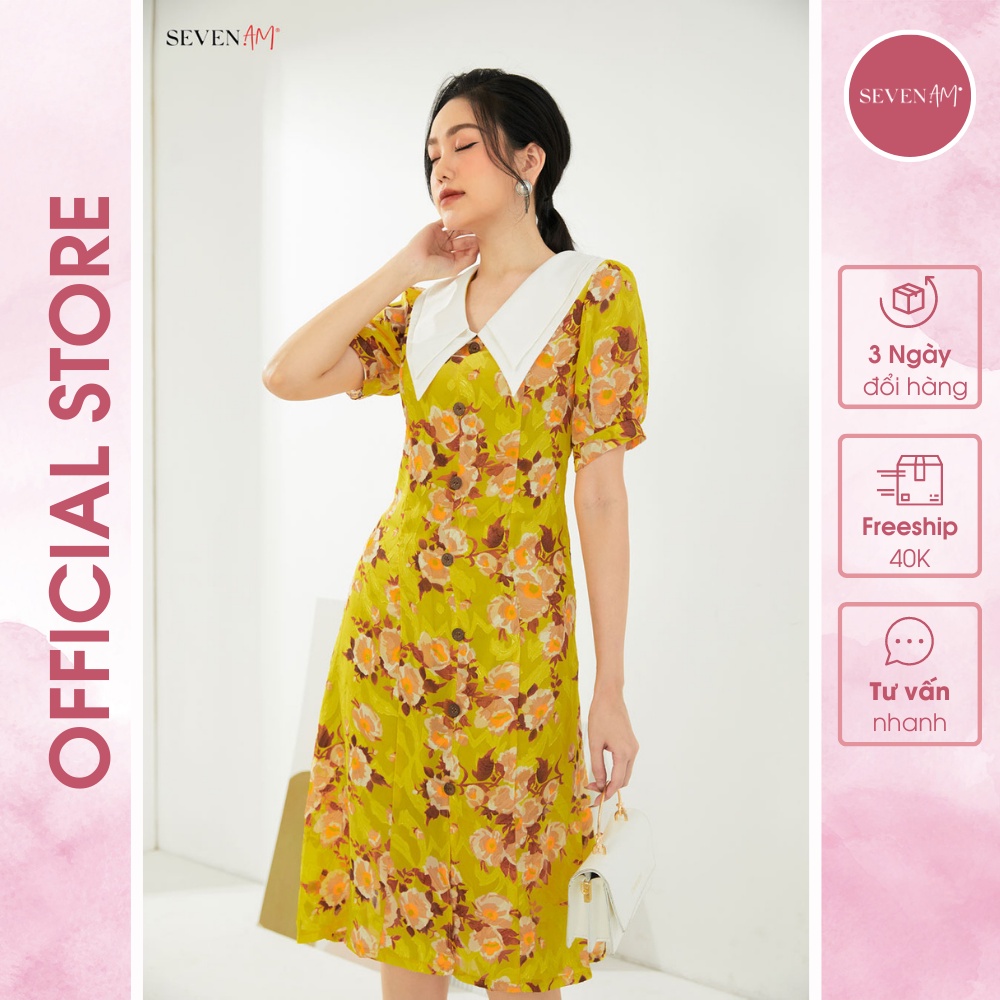 Đầm Xòe Tay Cộc Chiffon Vàng Hoa Trắng Seven.am Fh633146