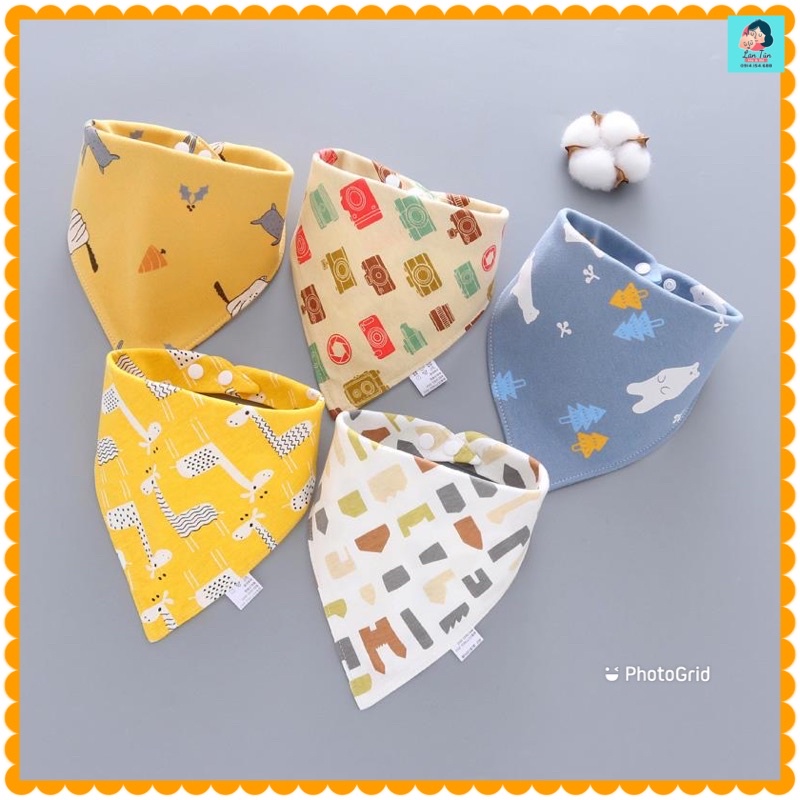 SET 5 KHĂN YẾM TAM GIÁC COTTON 2 LỚP CAO CẤP CÓ CÚC BẤM[ TẶNG KÈM KHĂN XÔ