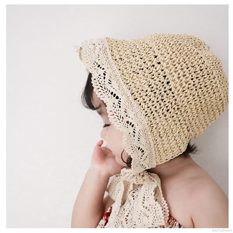 Mũ vành đan lát viền ren dễ thương cho bé