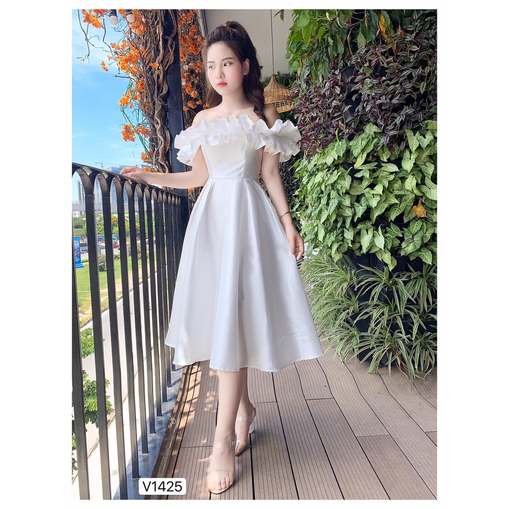 Đầm trắng trễ vai dáng xòe công chúa V1425_ Đậu Studio [Kèm ảnh thật] | BigBuy360 - bigbuy360.vn
