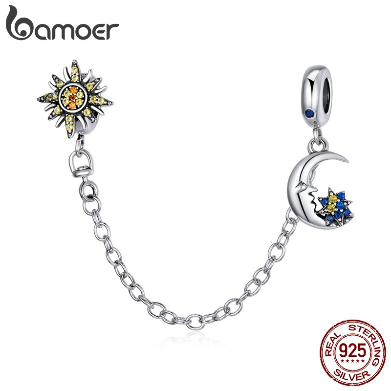 Hạt Trang Sức Bamoer SCC1763 Bằng Bạc S925 Hình Mặt Trăng Và Mặt Trời Có Dây Nối Dùng Làm Vòng Đeo Tay DIY