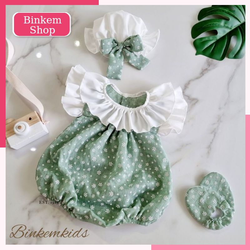 Body hoa nhí cổ bèo nền hoa xanh cho bé gái,set 3 chi tiết, hàng thiết kế sơ sinh cho bé từ 0_12 tháng
