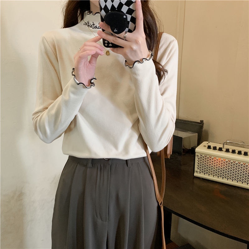 Áo nhung tay dài viền nhún bèo thêu chữ thời trang cho nữ