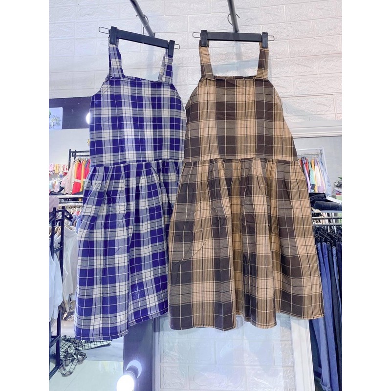 [Rẻ Vô Địch Set Váy Yếm Kẻ Caro Mới + Áo CroptopTay Bồng Ullzzang Ảnh Thật