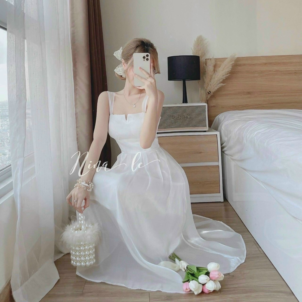 Váy đầm dự tiệc màu trắng 2 dây 2 lớp xòe xinh đẹp như công chúa