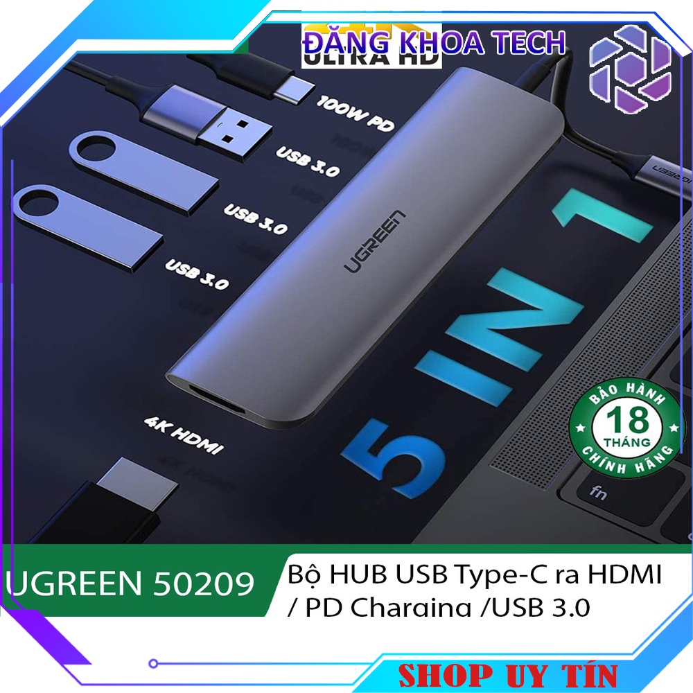 HUB USB type-C sang HDMI/ Hub USB 3.0 Cổng Sạc USB Type C UGREEN 50209 Chính hãng - Bộ Chia USB type C 5in1