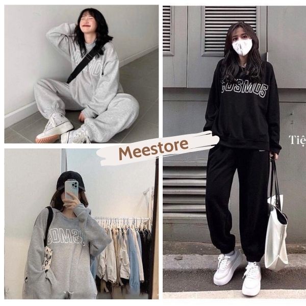 Set Nỉ Cosmos Mee Unisex - Bộ quần bom áo dài tay dáng rộng nỉ bông ấm áp phong cách Hàn Quốc