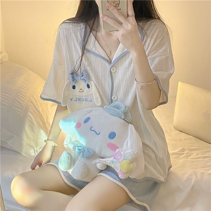 Bộ Cotton Gân Phối Viền Màu Siêu Mát Hình Thỏ Túi Ngực Xinh, Mẫu Hot hai màu Xanh Hồng
