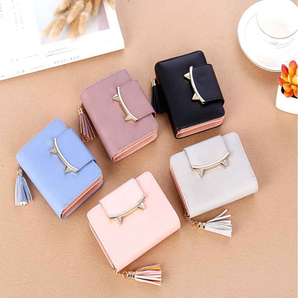 Ví nữ da PU gập 3 đính tua rua