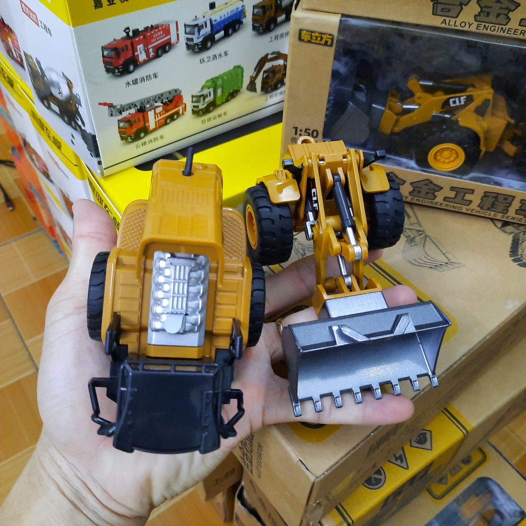 Xe xúc ủi đất mini tỉ lệ 1:50 xe đồ chơi công trình cho trẻ em bằng hợp kim nhựa có đèn sáng